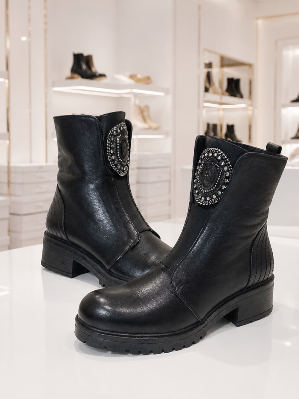 Nila & Nila Women's Black Soft Leather Embellished Chelsea Bootie with Lug Sole